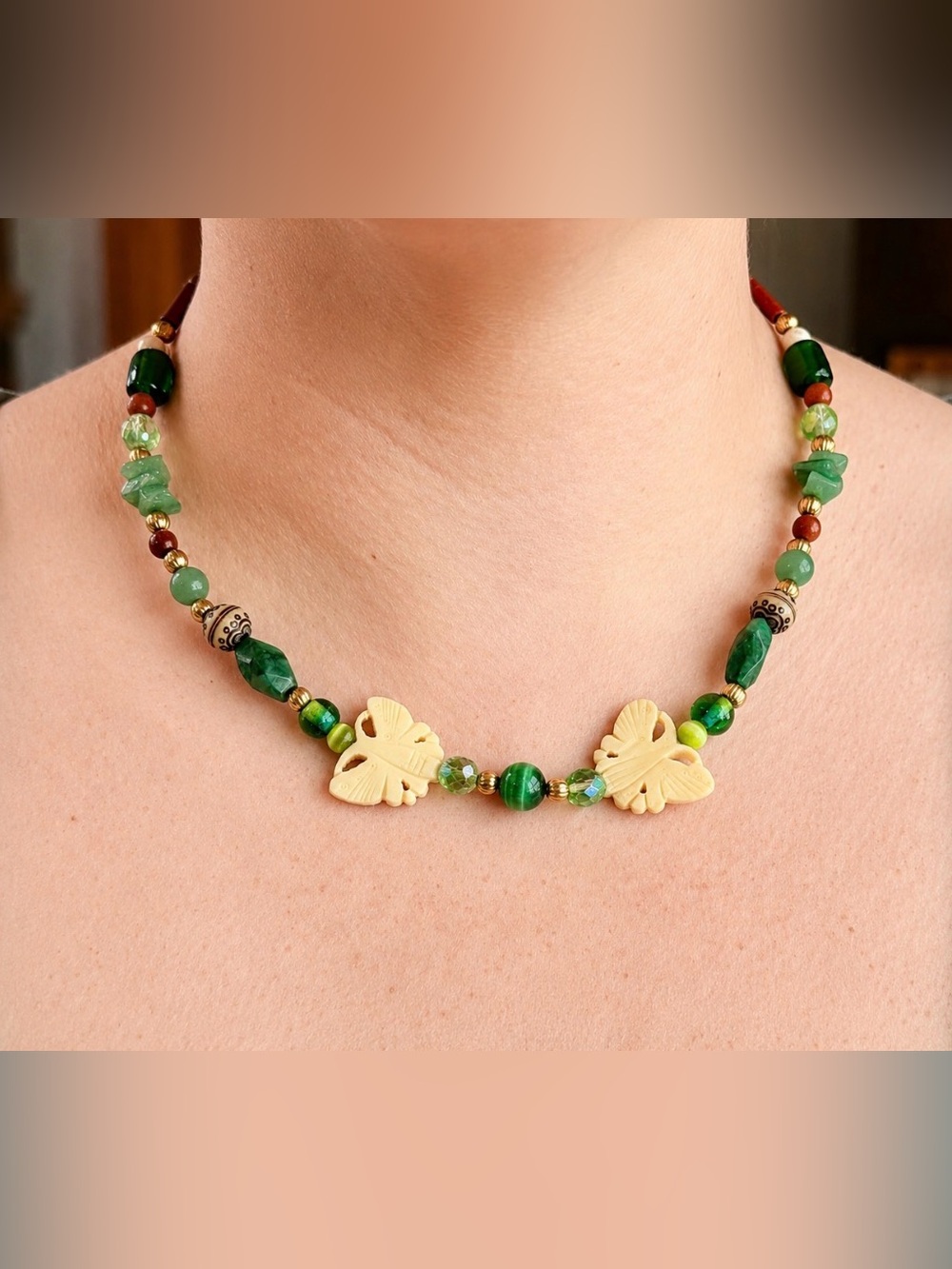 Vintage Y2K Era Green Beaded Butterfly Necklace - Women's Jewelry